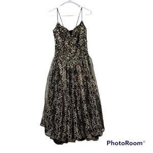 Jessica McClintock Gunne Sak Gold Sequined Metallic Floral Fit & Flare Dress